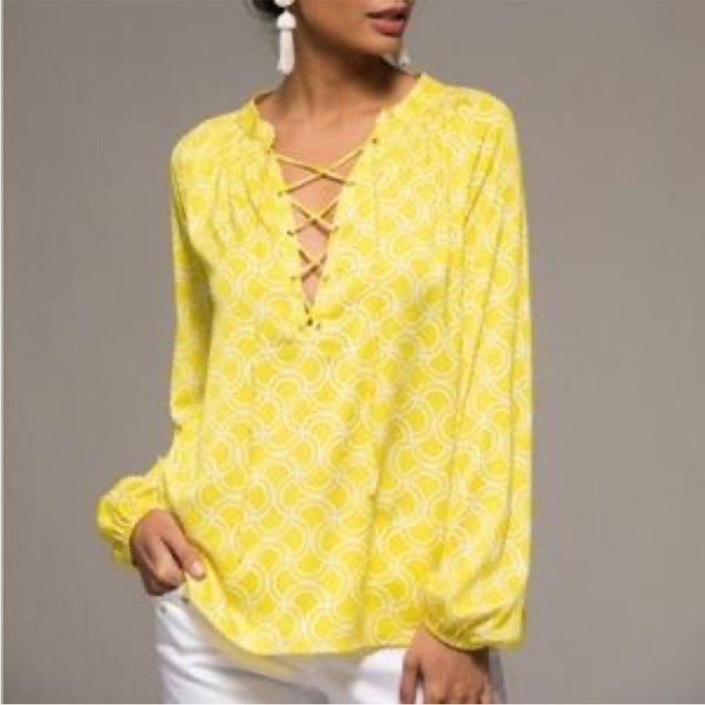 MacBeth Collection Margaret Joseph’s Top Yellow Print Lace Up Long Sleeve Small